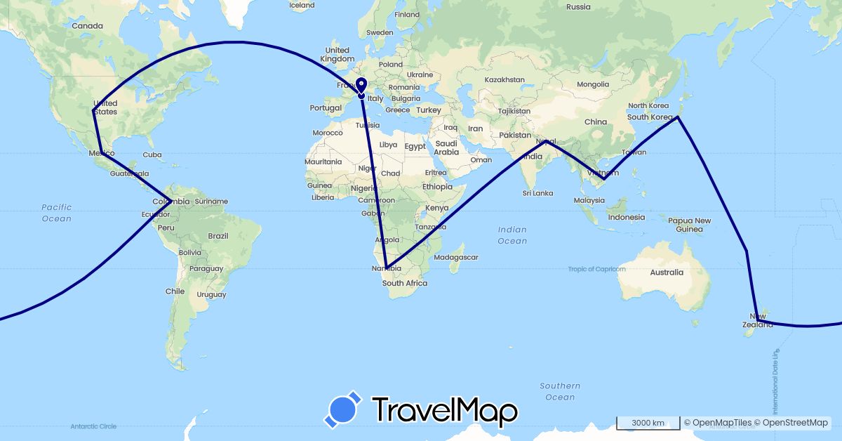 TravelMap itinerary: driving in Chile, Colombia, Ecuador, France, Japan, Mexico, Namibia, Nepal, New Zealand, United States, Vietnam, Vanuatu (Africa, Asia, Europe, North America, Oceania, South America)